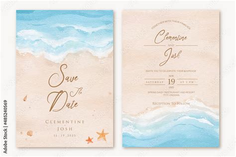 Set Of Wedding Invitation With Summer Beach Hand Drawn Watercolor