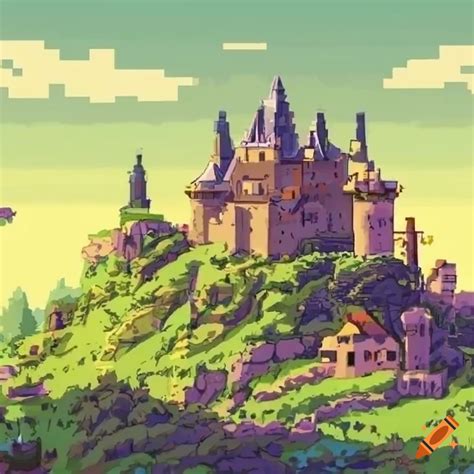 Pixel Art Medieval Castle In A Ghibli Style Distant Landscape On Craiyon