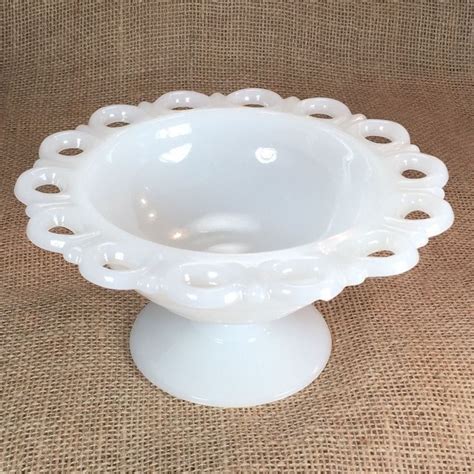 Vintage White Milk Glass Footed Bowl Scalloped Lace Edge Candy Dish White Milk Glass Milk