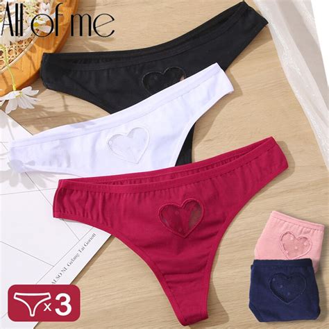 CuteByte 3 Pcs Set Heart G String Panty Cotton Women Underwear Lace Mesh Sexy Lingerie Hollow