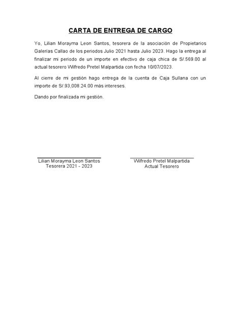 Carta De Entrega De Cargo Pdf