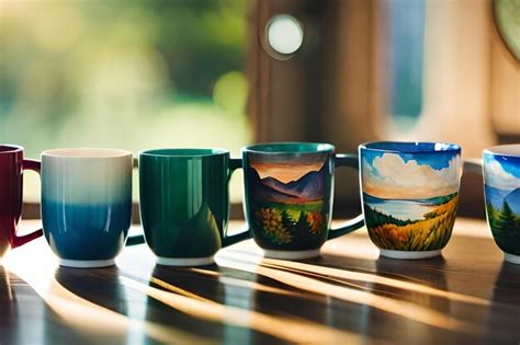 Premium AI Image | A collection of colorful mugs with a landscape ...