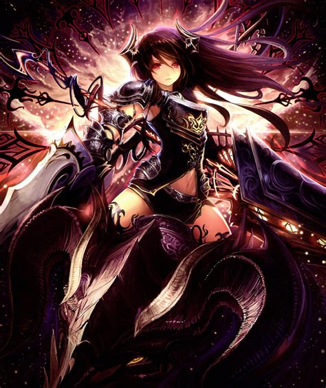 black haired female illustration Shingeki no Bahamut #armor #horns red ...