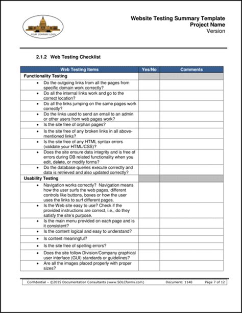 Testing Checklist Template