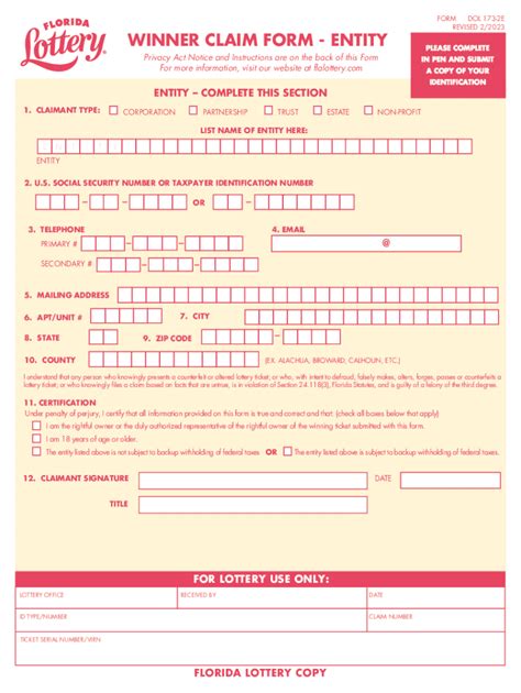 Fillable Online Florida Lottery Prize Claim Form Fax Email Print