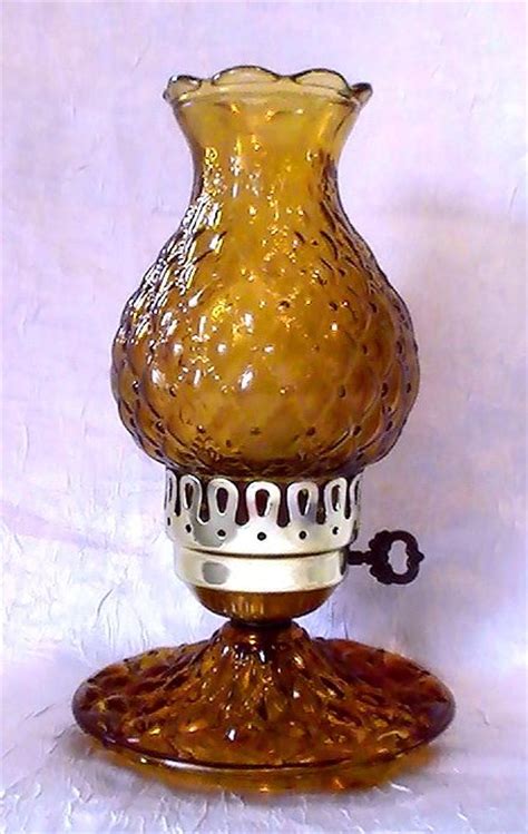 Vintage Quilted Amber Glass Hurricane Table Lamp 11 Inches Oos