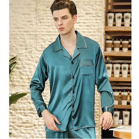 New Men Satin Silk Pyjamas Set Long Sleeve Sleepwear Male Leisure Home