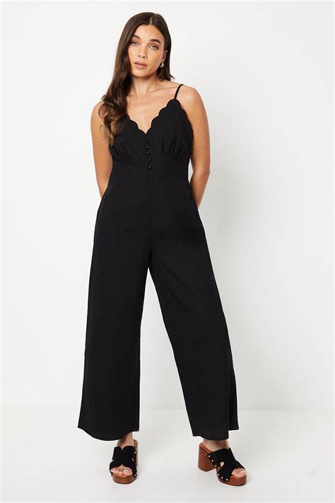 Jumpsuits Petite Linen Scallop Edge Button Down Strappy Jumpsuit Oasis