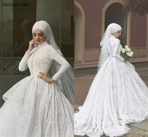 Muslim Ball Gown Wedding Dresses Long Sleeve High Neck Covered