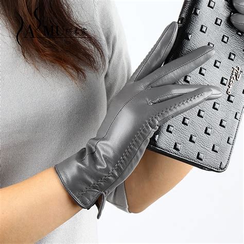 Fashion Elegant Ladies Genuine Sheepskin Leather Gloves For Winter Warm Plus Velvet Mittens