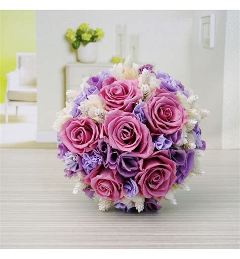 Ramo De Novia Preservado Con Rosas Rosa Claro Y Lisianthus Lila