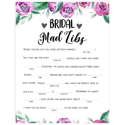 Bridal Shower Mad Libs Printable Free