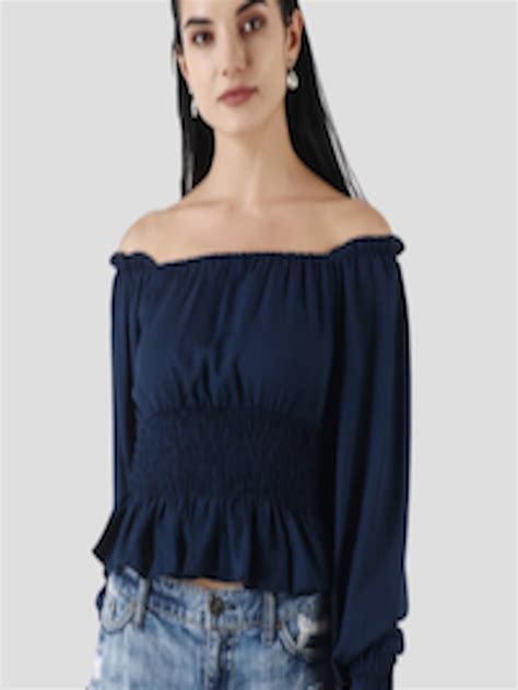 Buy Popwings Off Shoulder Smocked Bardot Crop Top Tops For Women