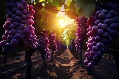 Premium Ai Image Grapes On A Vine With Sun Shining Through The Clouds