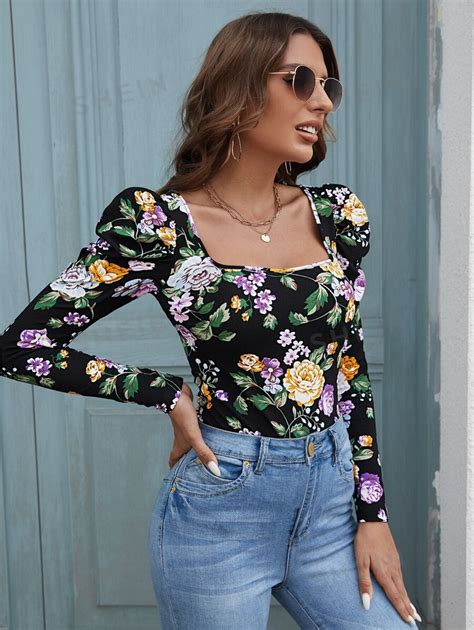 Shein Priv Floral Print Gigot Sleeve Tee Shein Usa