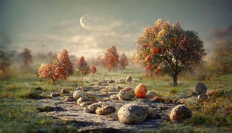 Paisaje De Bosque Oto Al Con Cielo Nublado Y Luna Creciente Rboles Con