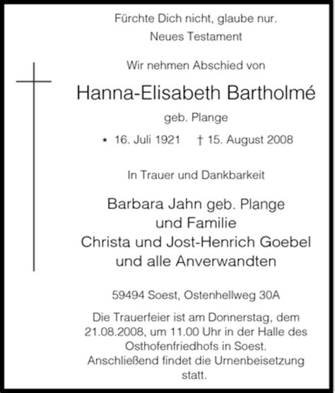 Traueranzeigen von Hanna Elisabeth Bartholmé Trauer in NRW de