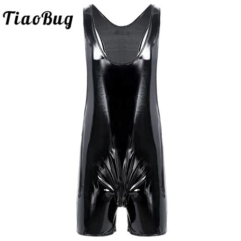 Tiaobug Mens Black Wetlook Patent Leather Sleeveless Zipper Crotch One