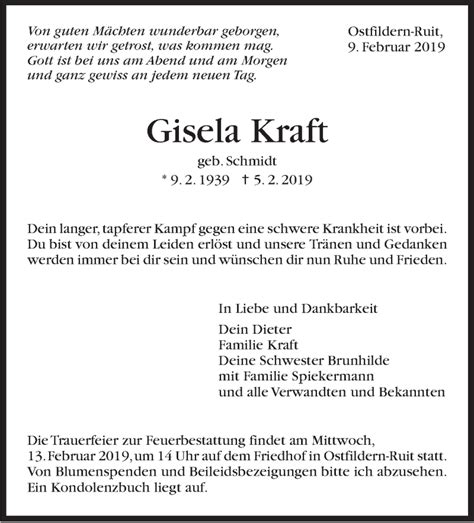 Traueranzeigen Von Gisela Kraft Stuttgart Gedenkt De