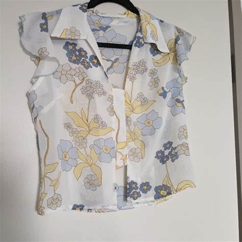 Tops Silky Sheer White Blue And Yellow Floral Short Sleeve Blouse