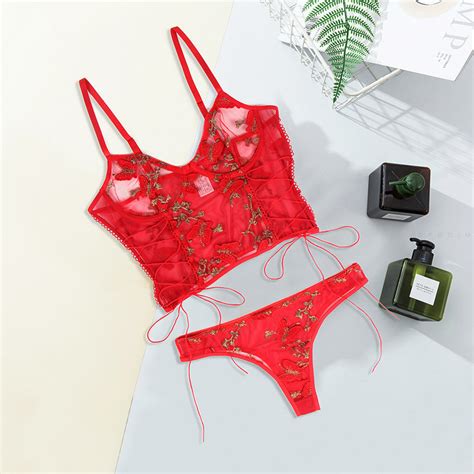 Plus Size Two Piece Sexy See Through Lace Embroidery Lingerie Set