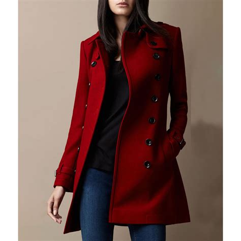 Belted Mid Length Womens Red Wool Trench Coat Jackets Masters