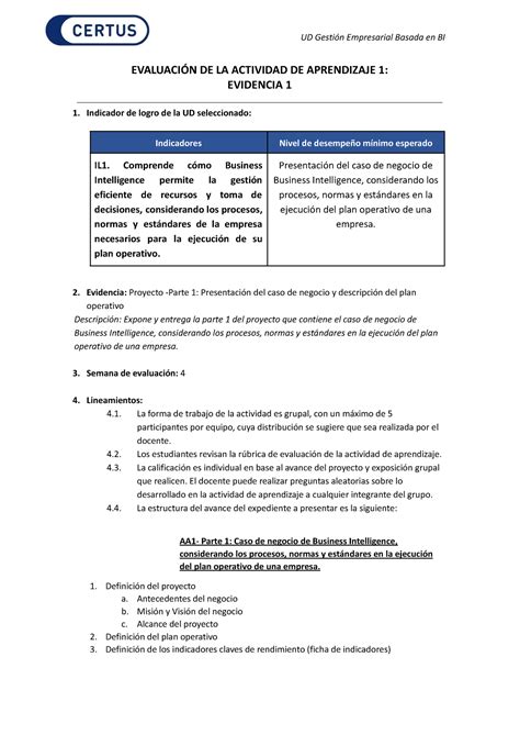 Lineamientos de evaluación de AA1 UD Gestión Empresarial Basada en BI