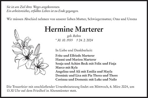 Traueranzeigen Von Hermine Marterer S Dwest Presse Trauer