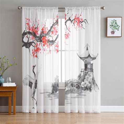 Cherry Blossom Tree Flower Painting Chinese Style Tulle Curtains For