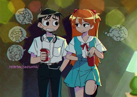 Shinji And Asuka Evangelion X Scott Pilgrim Art By Snegovski