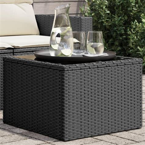 fekete polyrattan üveglapos kerti asztal 55 x 55 x 37 cm R