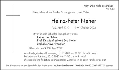 Traueranzeigen Von Heinz Peter Neher Schwaebische De Trauerportal