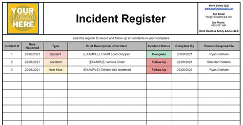 Free Incident Register Template Work Safety Qld