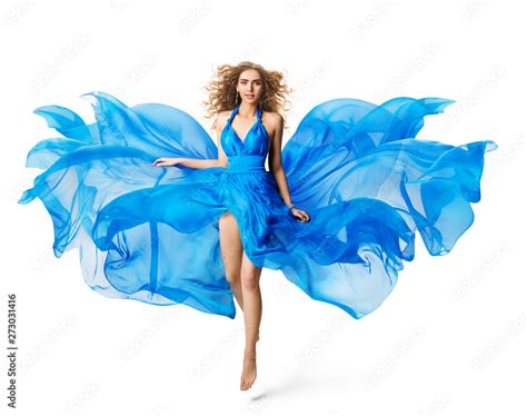 Woman Flying Blue Dress Fashion Model Levitating In Silk Gown Waving