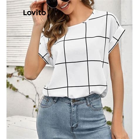 Lovito Women Casual Plaid Geometric Blouse Lnl Coral Orange White