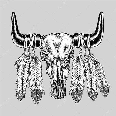 Hand Drawn Dot Work Tattoo Buffalo Skull With Feathers Native American