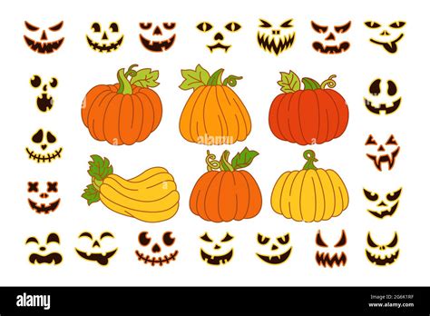 Halloween Pumpkin Carved Face Line Cartoon Set Creepy Grin Smiling