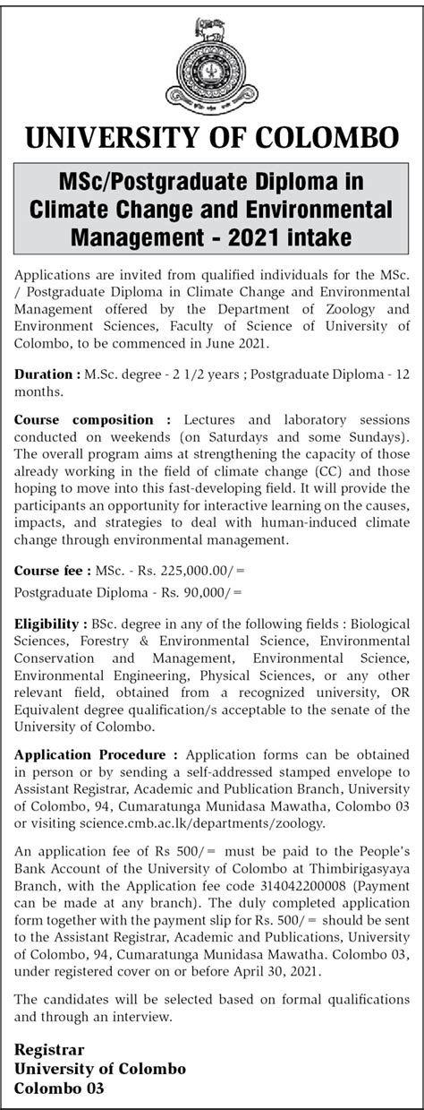 Msc Postgraduate Diploma In Climate Change Environmental Management