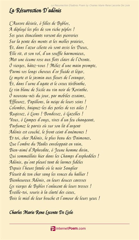 La Résurrection D adônis Poem by Charles Marie Rene Leconte De Lisle