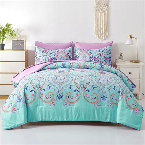 Dhsfkbe Queen Comforter Set 7 Piece Bed In A Bag Boho Aqua And Lilac Damask Medallion Print