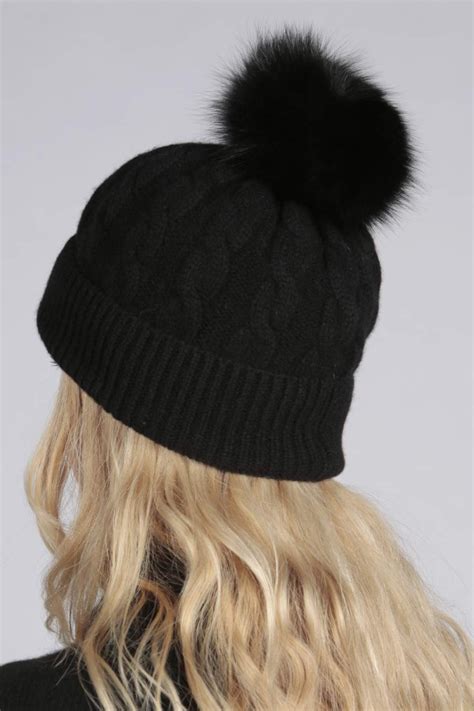 Black Pure Cashmere Fur Pom Pom Cable Knit Beanie Hat Italy In