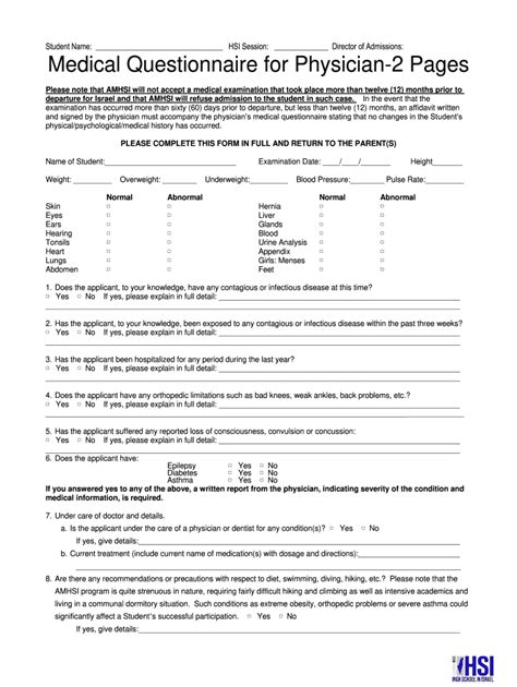 Hsi Questionnaire Physician Fill Fill Online Printable Fillable