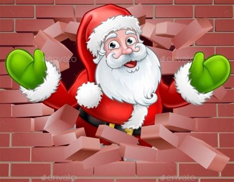 Santa Cartoon Breaking Through A Wall Background Christmas Postcard