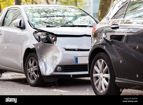Crash Silver Car Park After The Another Car On Road In Paris France