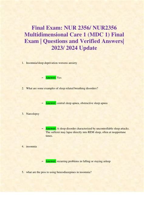 Final Exam Nur Nur Multidimensional Care Mdc Final