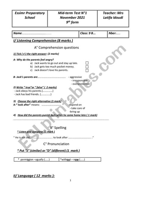 Mid Term Test Esl Worksheet By Latifahattab