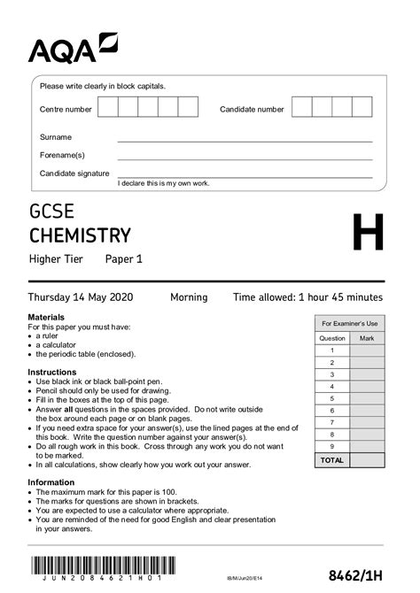 AQA GCSE COMBINED SCIENCE TRILOGY Higher Tier Chemistry Paper 1H 2020