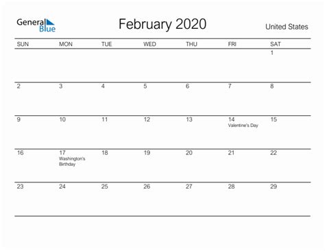 February 2020 Monthly Calendar With United States Holidays