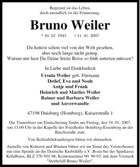 Traueranzeigen Von Bruno Weiler Trauer In NRW De