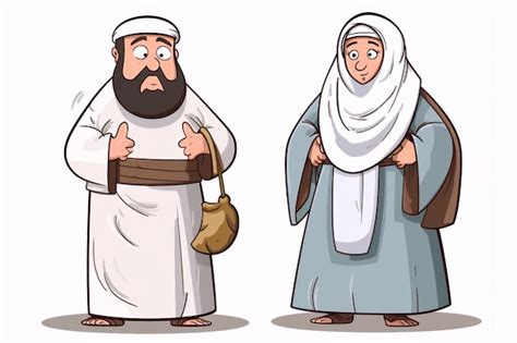 Homem e mulher muçulmanos de desenho animado vestindo roupas ihram